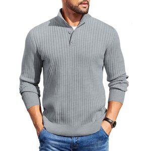 Men's Quarter Button Sweater Long Sleeve Stand Collar Sweater Knitted Grey